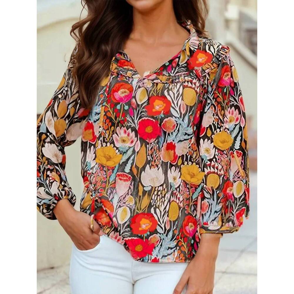 NEW 1 THE WOMAN floral 3/4 puff sleeve tied neck blouse in black multi